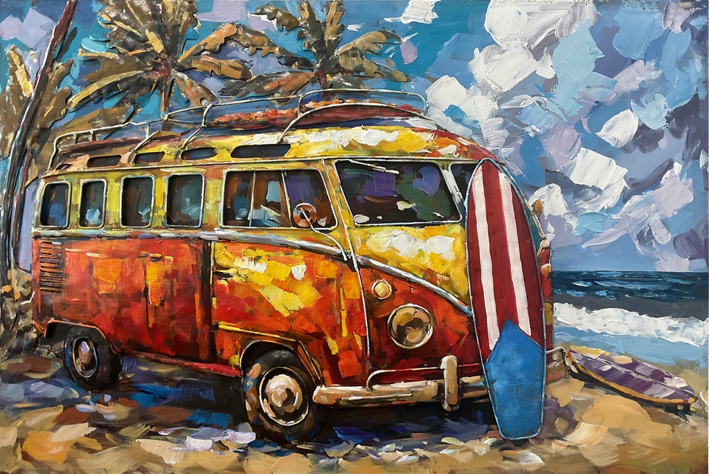Metal 3D painting camper van and surfboard on tropical beach 120x80cm eliassen.nl