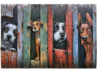 Metal 3D painting several Dogs between colorful slats 120x80cm eliassen.nl