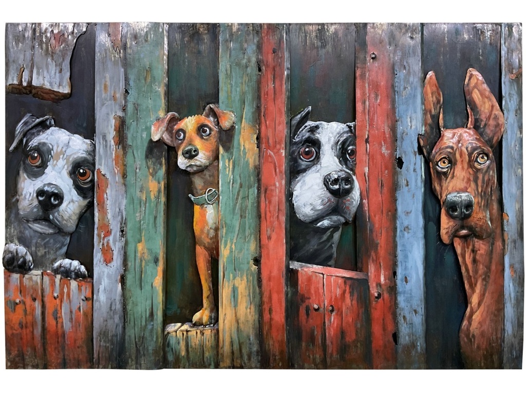 Metal 3D painting several Dogs between colorful slats 120x80cm eliassen.nl