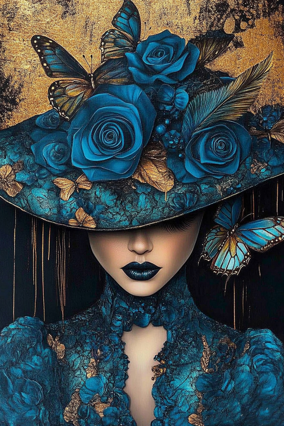 glass painting abstract woman in blue and gold - Eliassen.nl