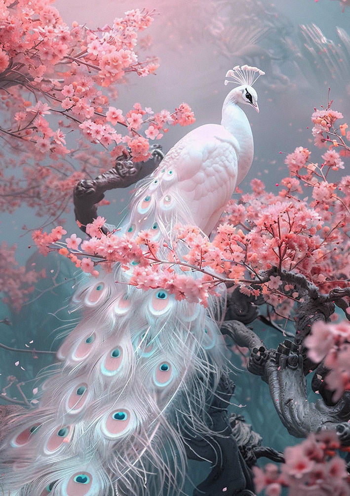 glasschilderij pauw in roze boom - Eliassen.nl