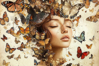 glass painting woman with many butterflies - Eliassen.nl