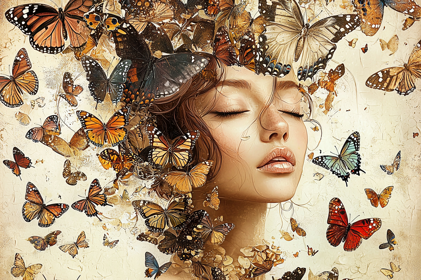 glass painting woman with many butterflies - Eliassen.nl