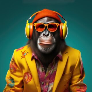 glasschilderij aap in geel pak - Eliassen.nl