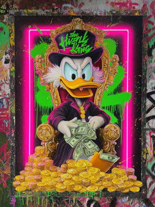 glasschilderij dagobert met geld - Eliassen.nl