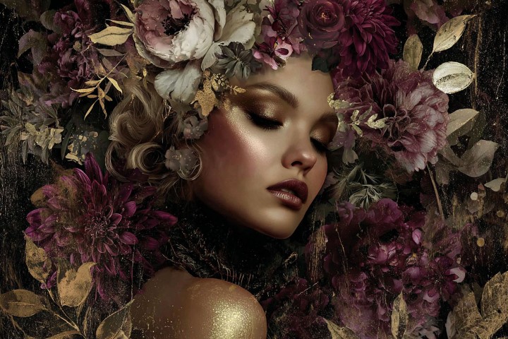 glasschilderij gouden vrouw in de bloemen - Eliassen.nl