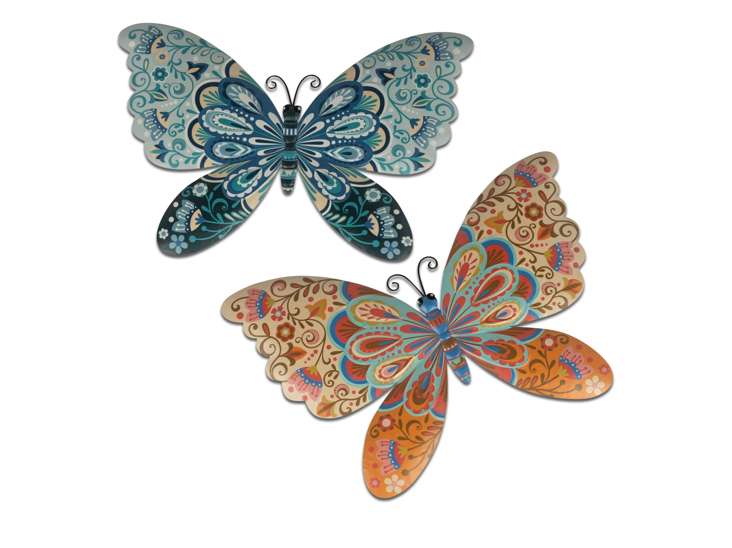 Metalen wanddecoratie set vlinders blauw en oranje 38cm - Eliassen.nl