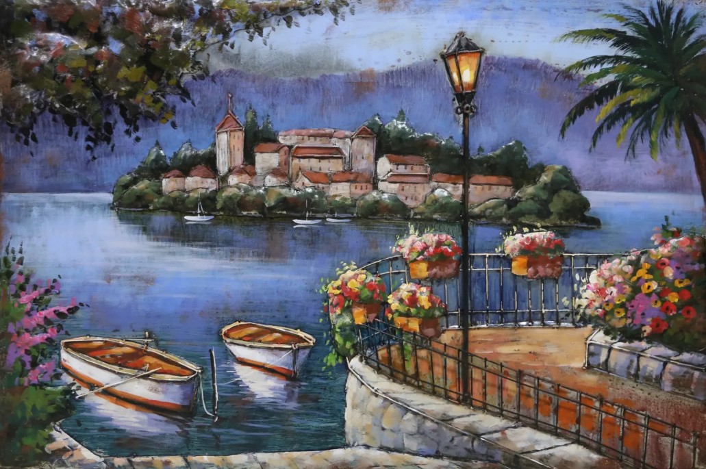 Metalen 3d schilderij Italiaans meerdorp bij avondlicht - Eliassen.nl