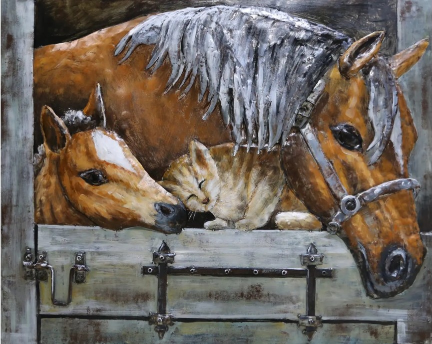metalen 3d schilderij merrie met veulen en kat - Eliassen.nl