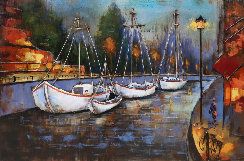 metalen 3d schilderij zeilboten bij avondlicht - Eliassen.nl
