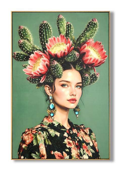 canvas incl lijst groene cactus dame - Eliassen.nl