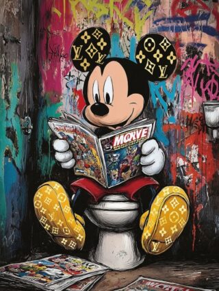 Glasschilderij Mickey op toilet met goudfolie 60x80cm - Eliassen.nl