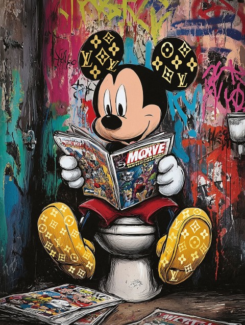 Glasschilderij Mickey op toilet met goudfolie 60x80cm - Eliassen.nl
