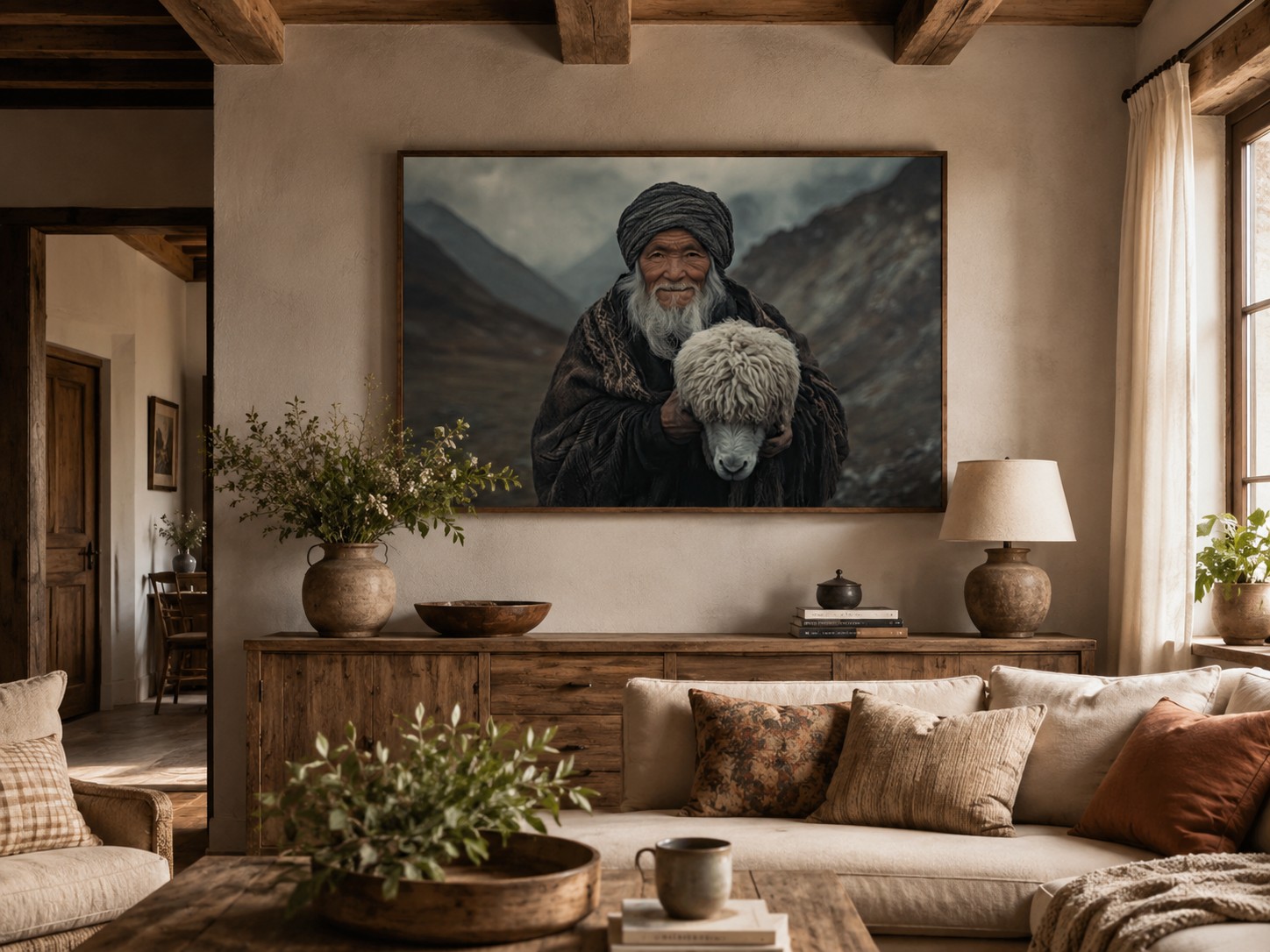 Glasschilderij Inheemse man met schaap 120x80cm