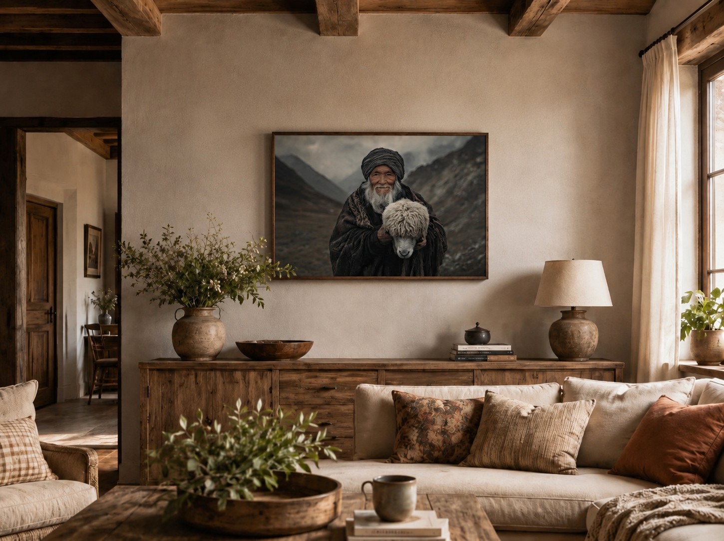 Glasschilderij Inheemse man met schaap 120x80cm