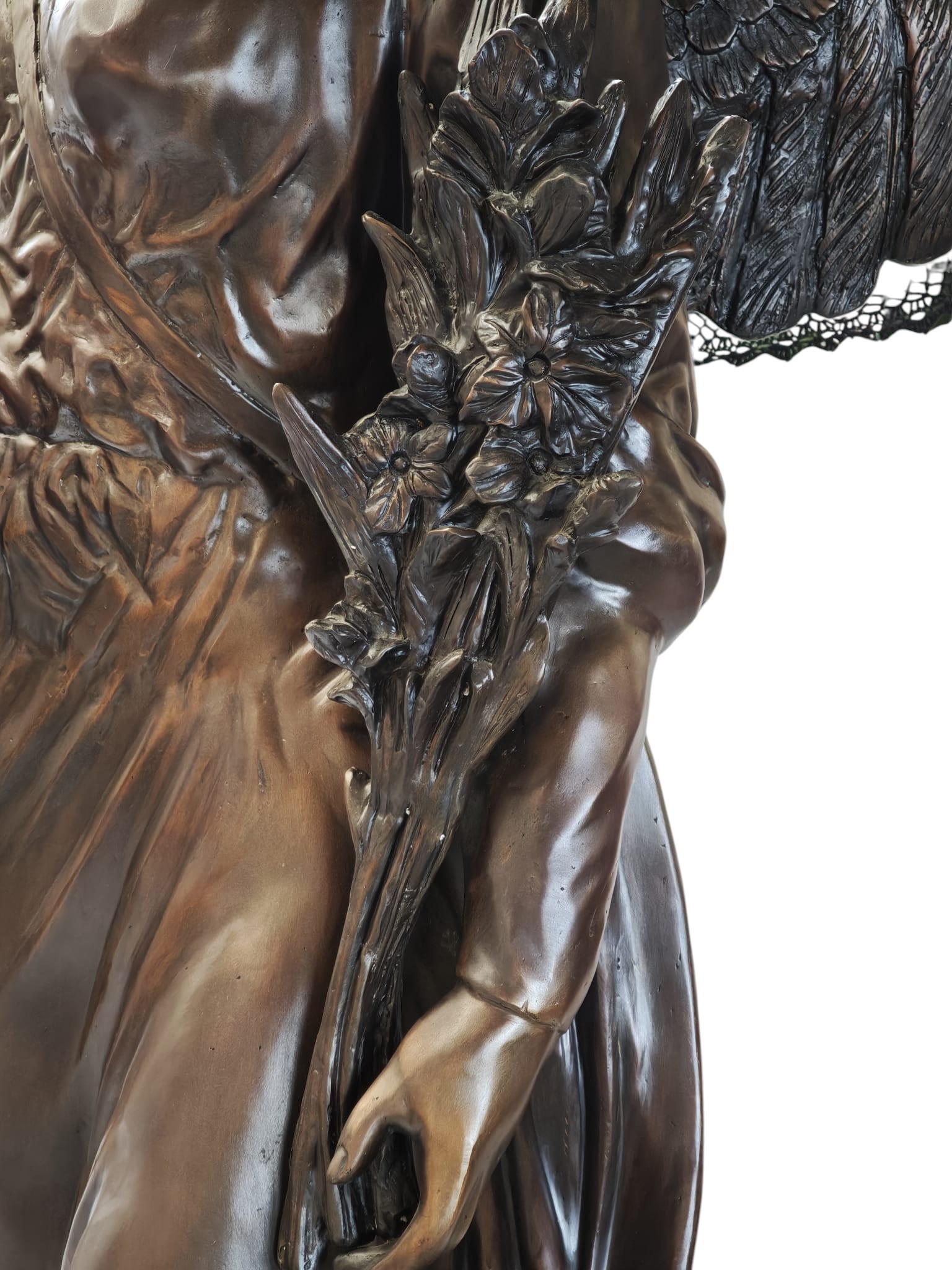 Bronzen beeld Engel met bloemstuk in hand 230cm