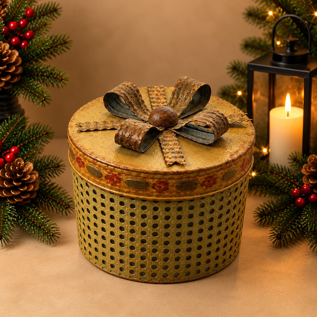 Geschenk doos kerst metaal bruin 22cm